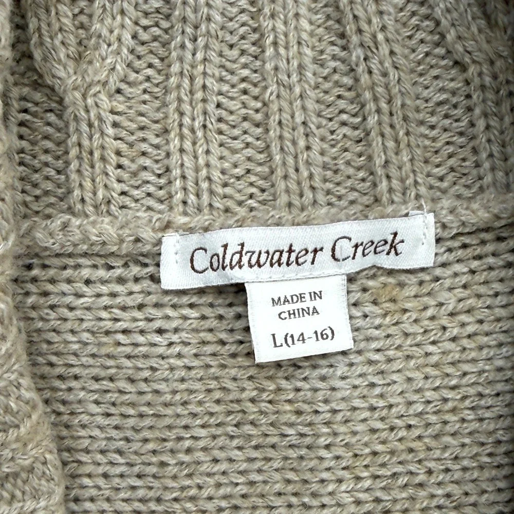 Coldwater Creek Cardigan Women's Large Beige Cable Knit Wool Blend Shawl Collar